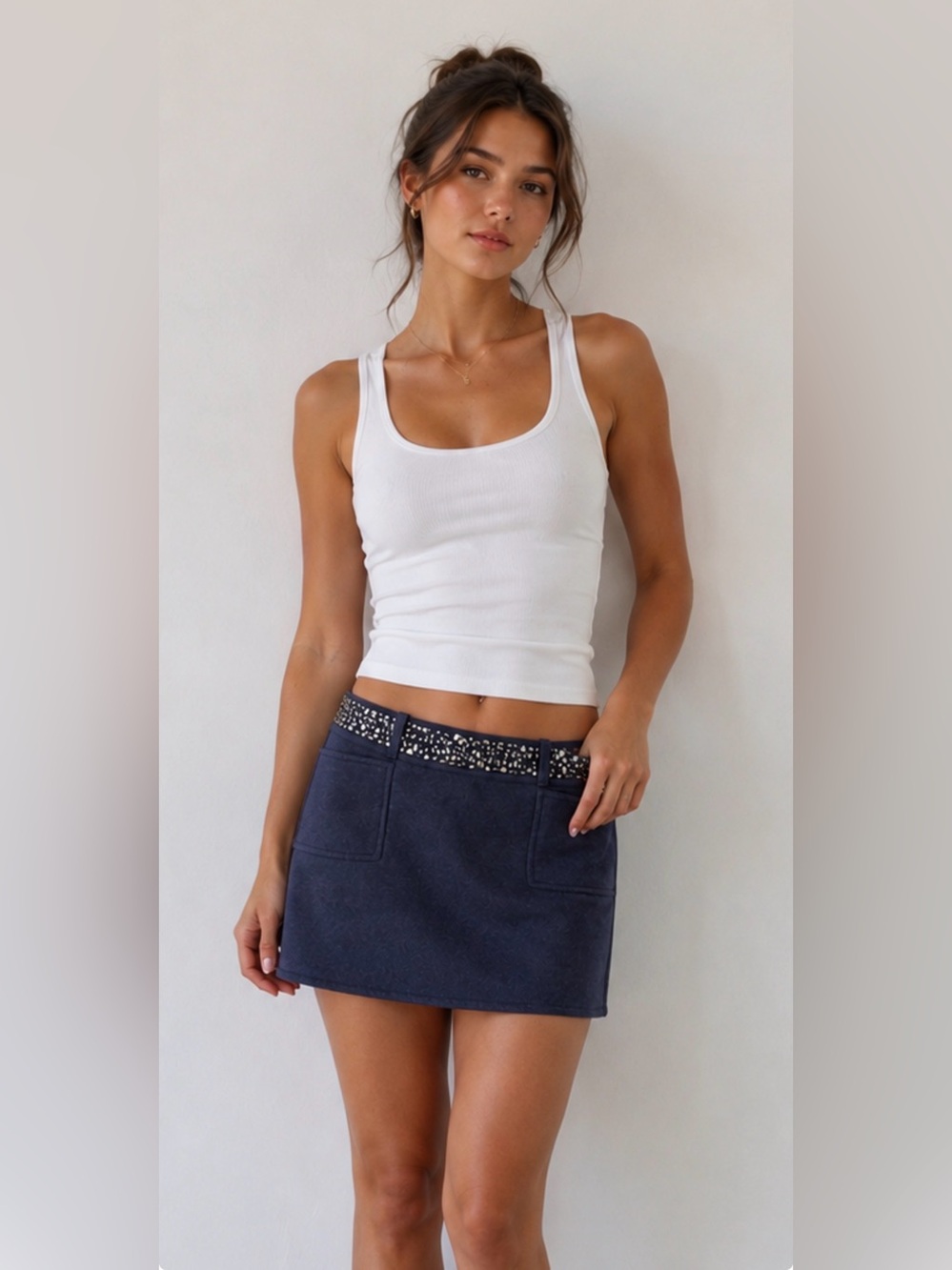 LOVE SEX MONEY Blue Mini Skirt with Silver Rhinestone Studs
